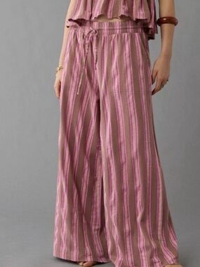 American Eagle Outfitters Pink & Brown Striped Wide-Leg Pants